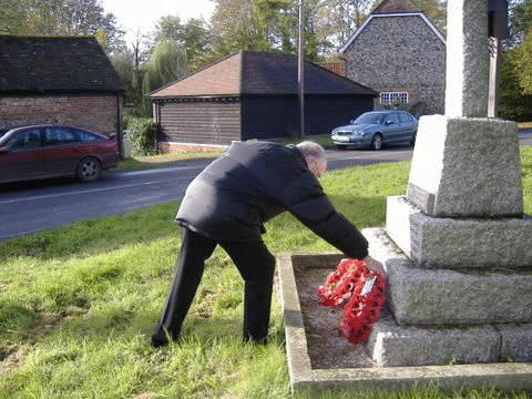 The late Doug Everitt laying a wreath at the war memorial in Kirtling in remembrance of the crew of the Lancaster bomber who lost their lives in January 1945. This wreath was provided by the Friends of No 75 (New Zealand) Squadron.