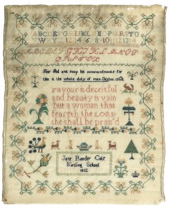 Embroidery sampler/Border sampler. Reeder Cole, Jane, Kirtling. A repeating honeysuckle border pattern surrounds the main body of the sampler. Narrow repeating geometric and floral border patterns divide the sampler into horizontal sections and form a panel at the bottom containing the inscription 'Jane Reeder Cole/Kirtling School/1852'. At the top there is an alphabet and numerals 1-14. Beneath is another alphabet and various detached motifs arranged around two inscriptions ' Fear God and keep his commandments for/this is the whole duty of man Eccles. 12Ch' and' favour is deceitful/and beauty is vain/but a woman that/feareth the LORD/she shall be prais'd'. Woollen border embroidered with coloured silk and cotton threads in cross-stitch. A double blue line selvedge runs along the sides; both top and bottom are hemmed. Length 41 cm, width 33.5 cm, 1852. English.